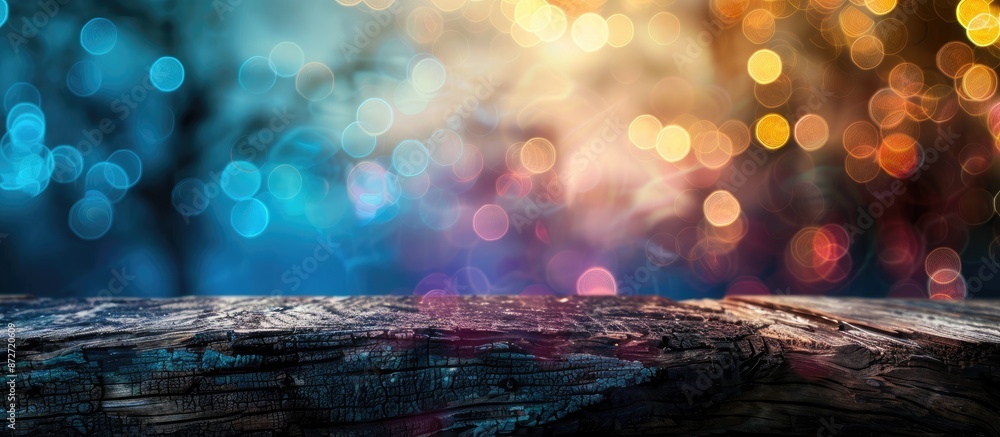 Leinwandbilder Product displayed on a log wood tabletop with a colorful bokeh light background, ideal for showcasing with copy space image.