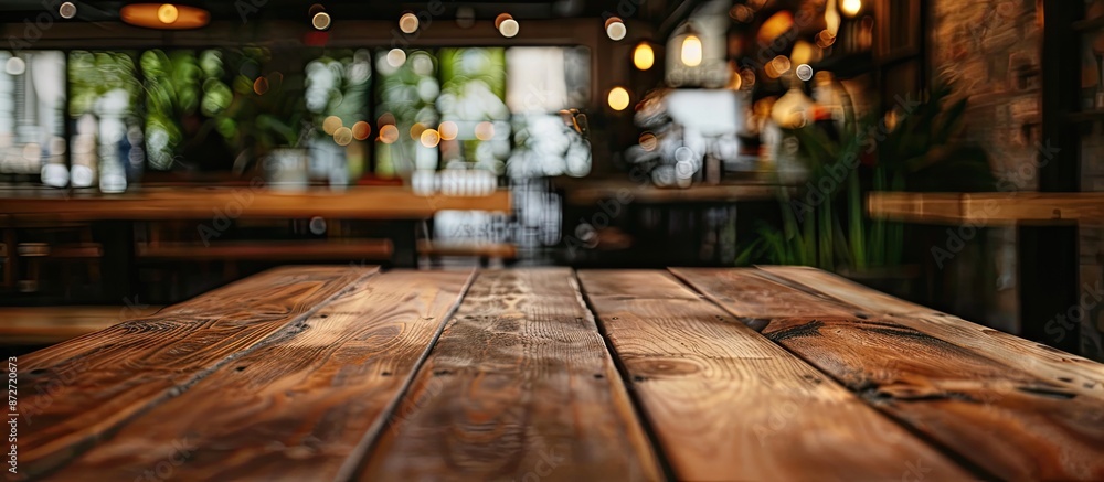 Poster an empty brown wooden table at a coffee shop with a blurred background and bokeh effect, perfect for