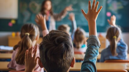 Fototapeta premium Students Participating Actively in Classroom. Children Raising Hands to Answer Question. Engaging Learning Environment in a School Setting. Educational Stock Photo for Print and Digital Use. AI