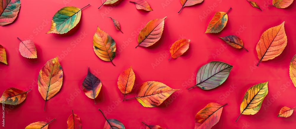 Poster Top view flat lay of colorful autumn leaves on a red background, creating an autumn-themed pattern with copy space image available.