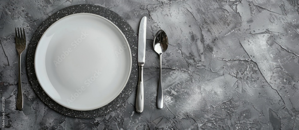 Aufkleber gray stone concrete table with an empty white ceramic plate, knife, and fork. perfect for menu or re