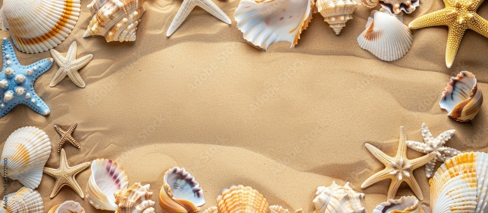 Poster seashells and starfish border on sandy summer background with ample copy space image.