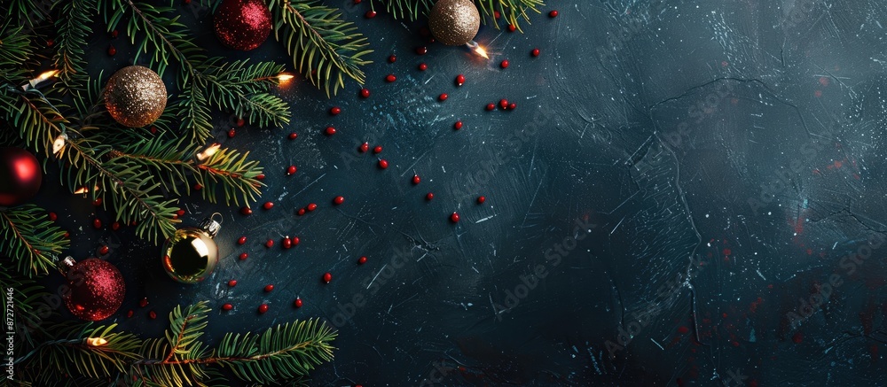 Aufkleber Festive Christmas tree branch adorned with ornaments and lights on a dark backdrop, viewed from above with room for text - ideal for flat lay copy space image.