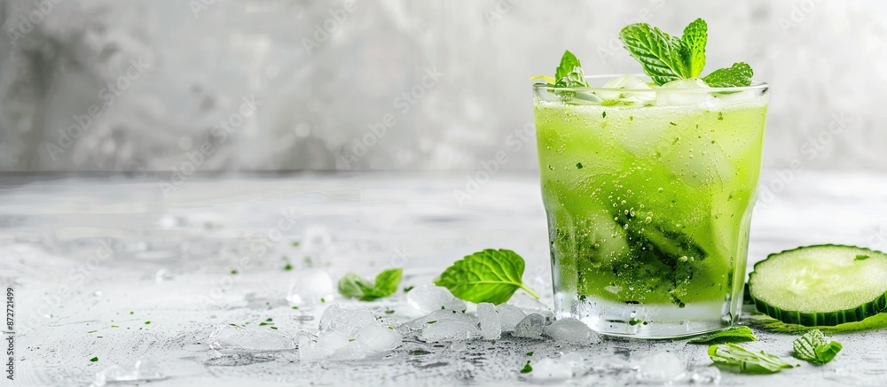 Poster cool green cucumber cocktail on a light background with copy space image.