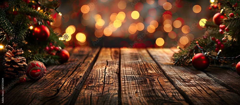 Poster rustic festive background with a dark wooden table, lit christmas tree, and bokeh lights, perfect fo