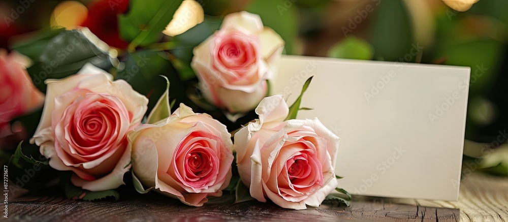 Poster toned photo with roses and a greeting card in the background, ideal for a copy space image.