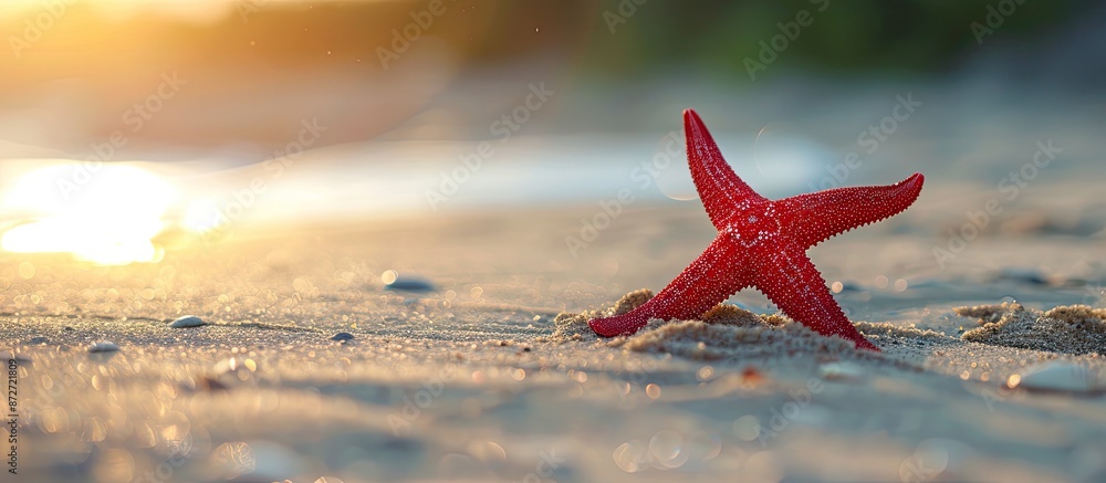 Poster Red starfish on sandy beach with ample copy space image for summer backdrop.