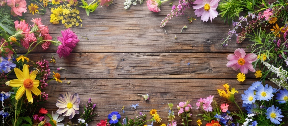 Aufkleber an enchanting frame crafted from colorful flowers against a rustic wooden backdrop, ideal for a copy