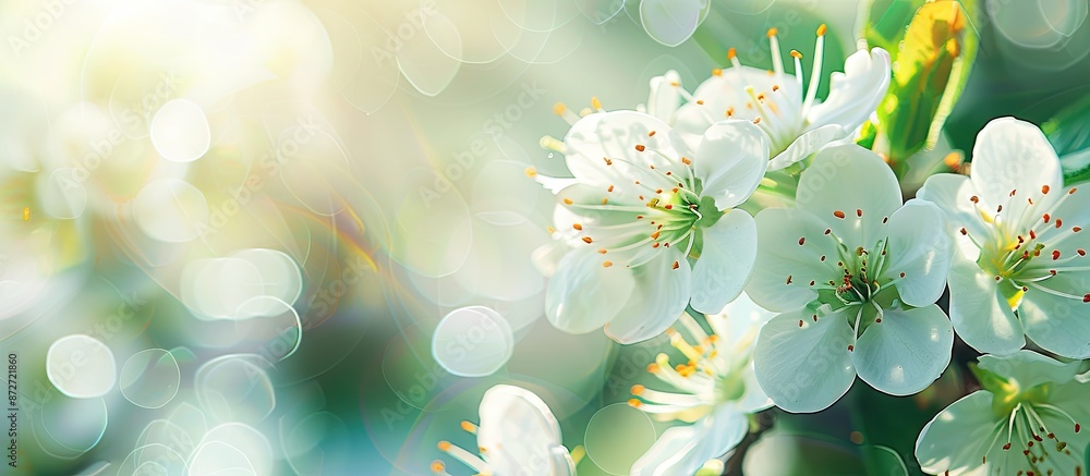 Aufkleber panoramic view of blooming white plum flowers in a garden during spring, suitable for a web banner w