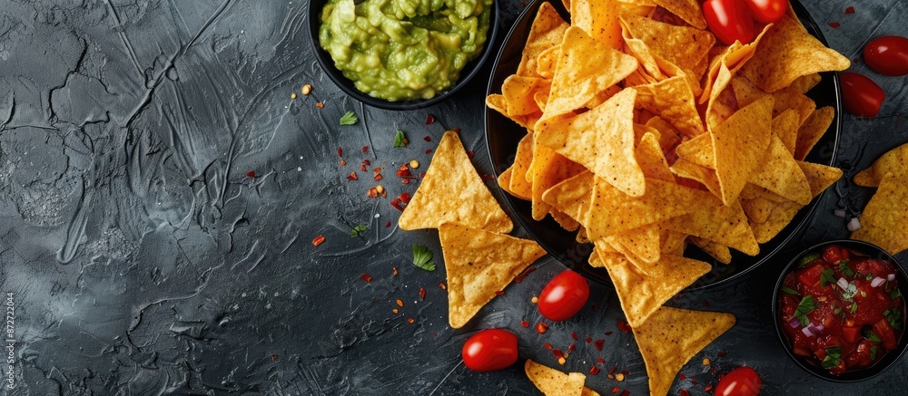Poster Top-down view of Mexican nachos served with guacamole on a textured gray surface, suitable for adding text or images within the frame. copy space available