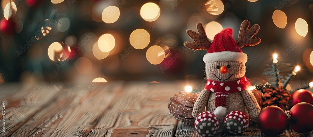 Poster festive christmas backdrop featuring a toy reindeer as santa claus, a lit christmas tree on a wooden