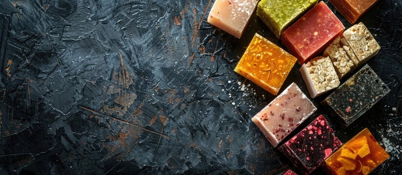 Top view of Turkish halva in assorted flavors arranged on a textured dark surface with room for copy space images.