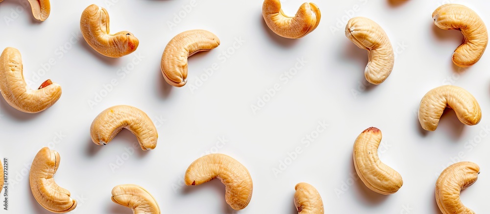 Poster White background showcasing a pattern made of peanuts and cashews with copy space image.
