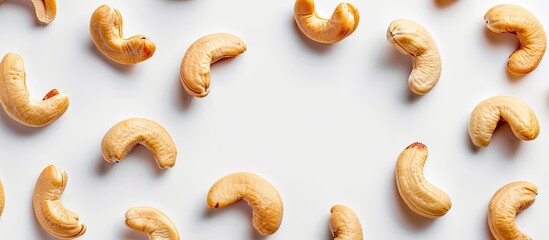 White background showcasing a pattern made of peanuts and cashews with copy space image.