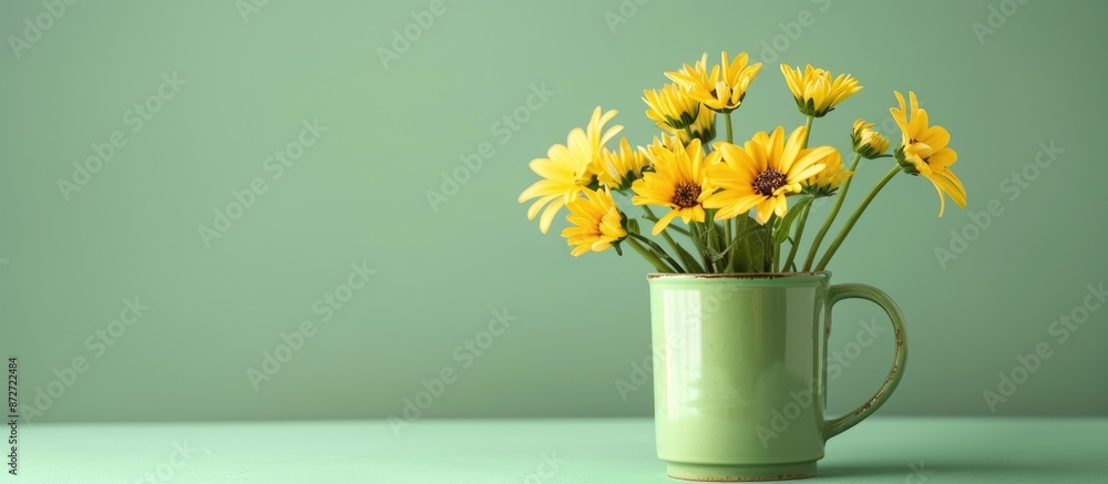 Fototapete A vibrant display of yellow flowers in a mug against a soft green backdrop with text and ample copy space image.