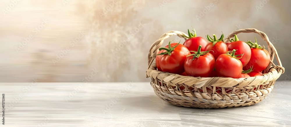 Poster Ripe tomatoes in a basket displayed on a table with a light background, perfect for adding text beside the copy space image.