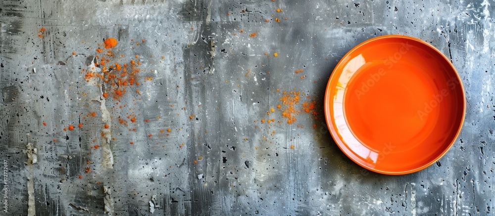 Aufkleber an orange plate on a concrete background with ample copy space image for your design.
