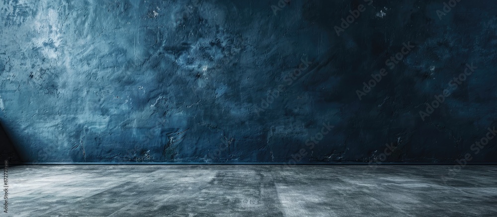 Poster Studio with a dark blue wall as backdrop and cement floor designed for showcasing products and text with copy space image on concrete background.