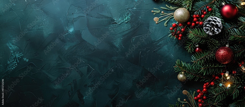 Leinwandbilder festive christmas tree branch adorned with ornaments and lights on a dark backdrop, viewed from abov