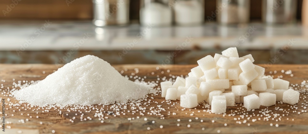 Poster two piles of sugar - granulated and cubes, with copy space image.