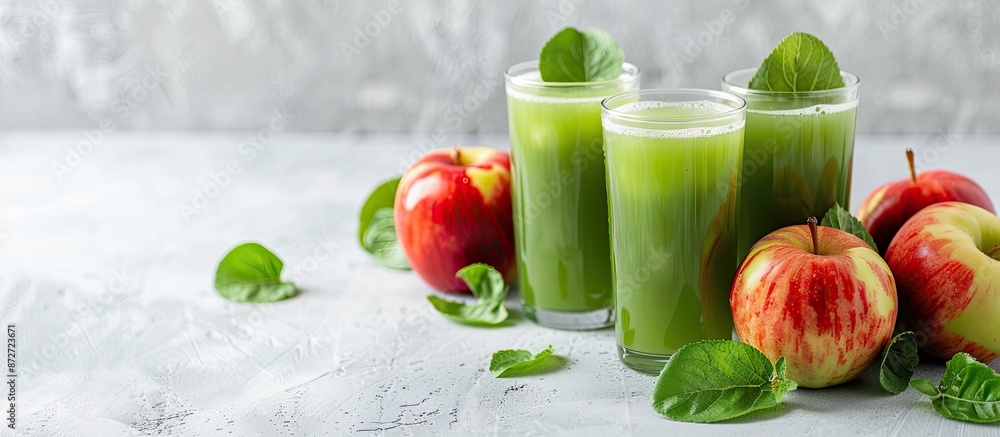 Poster Fresh green juice and apples with copy space image on a white backdrop