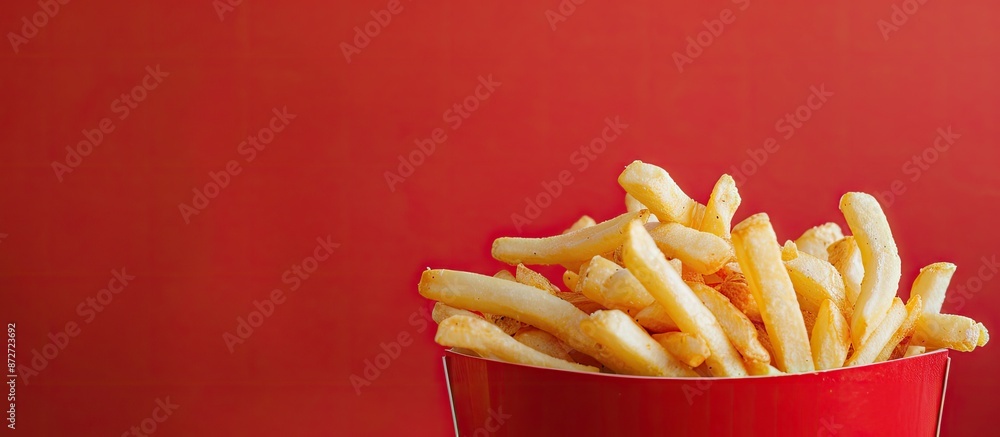 Poster close-up view of a frybox filled with french fries, against a red backdrop, with copy space image.