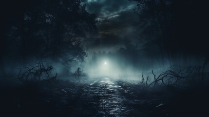 Fototapeta premium Spooky forest with an asphalt road under the moon.