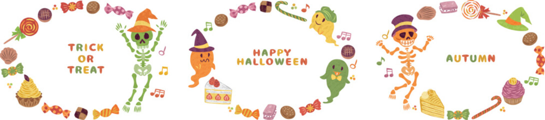 10月　ハロウィーン　お菓子　骸骨　お化け　イラスト素材　丸フレームセット