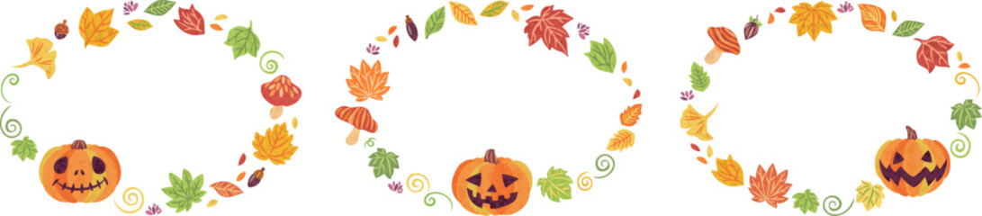 10月　ハロウィーン　ジャックオランタン　紅葉　イラスト素材　丸フレームセット
