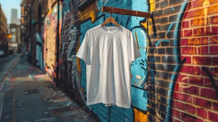 White T-shirt on a Hanger with Urban Graffiti Background - Generative AI