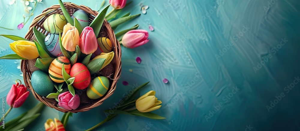 Poster An Easter-themed arrangement featuring tulips and a basket filled with colorful painted eggs, leaving room for additional elements in the copy space image.