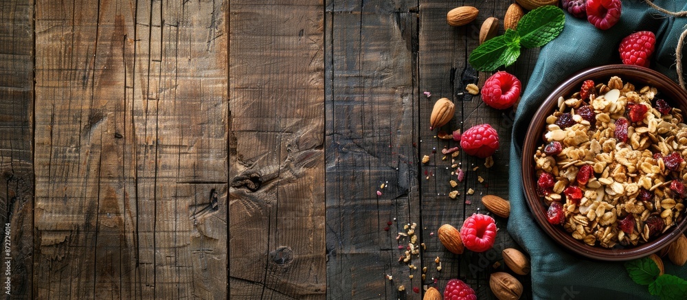 Poster granola with nuts and fruits displayed on wooden table from above, with ample copy space image.