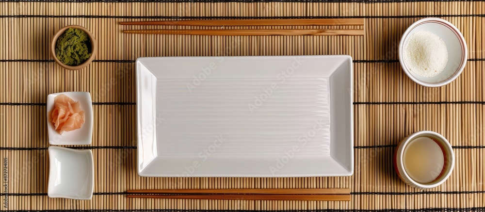 Aufkleber an arrangement of sushi tableware including a rectangular plate, saucer, ginger, wasabi, and chopsti