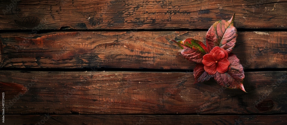 Poster A leaf of a flower placed on a wooden table with a copy space image available.