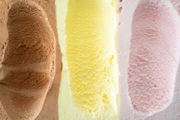 Ice cream texture Strawberry Vanilla Chocolate as a background, top view. Empty for design.