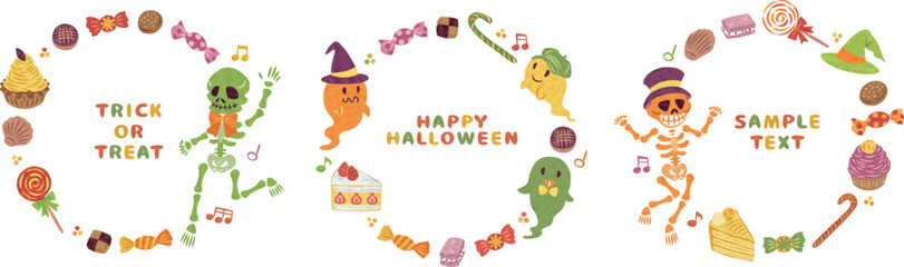 10月　ハロウィーン　お菓子　骸骨　お化け　イラスト素材　丸フレームセット