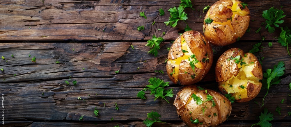 Poster Top view of smashed roasted potatoes on a wooden surface with copy space image available.