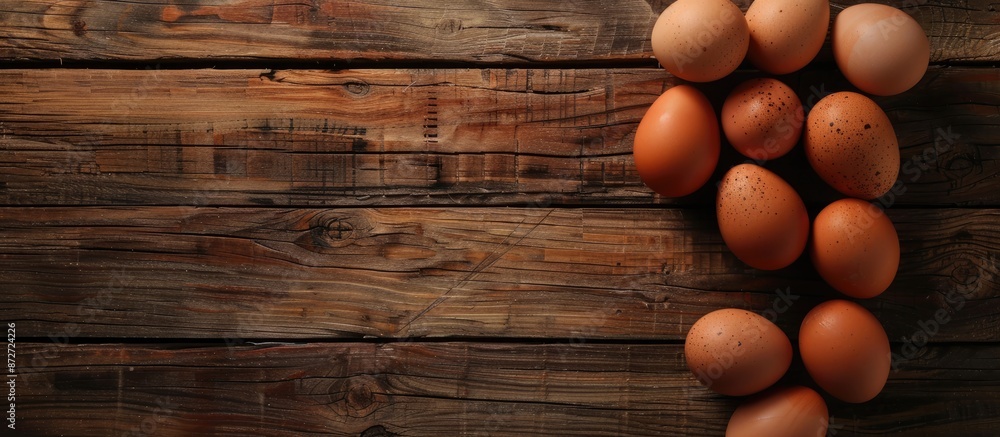 Poster a bird's-eye view of chicken eggs placed on a rustic wooden kitchen table with ample copy space imag