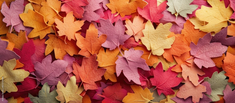 Poster background in autumn shades featuring colorful felt leaves for a copy space image.