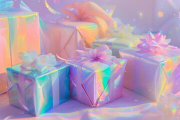 surreal pastel festive gifts , holographic. It has a fantasy, magical style.