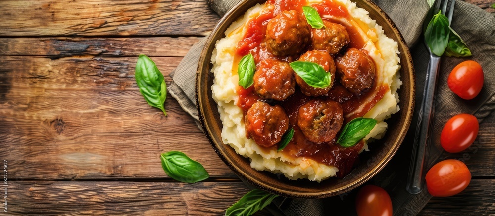 Poster A rustic wooden table presents a top view of homemade meatballs with tomato sauce and mashed potatoes, creating a traditional meal with a copy space image.