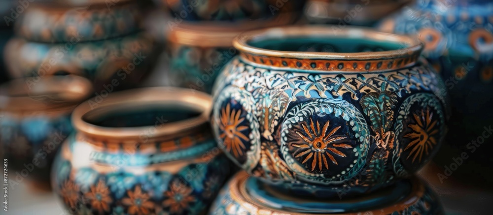 Poster handmade ceramic in traditional style pictured up close with soft focus, ideal for copy space image.