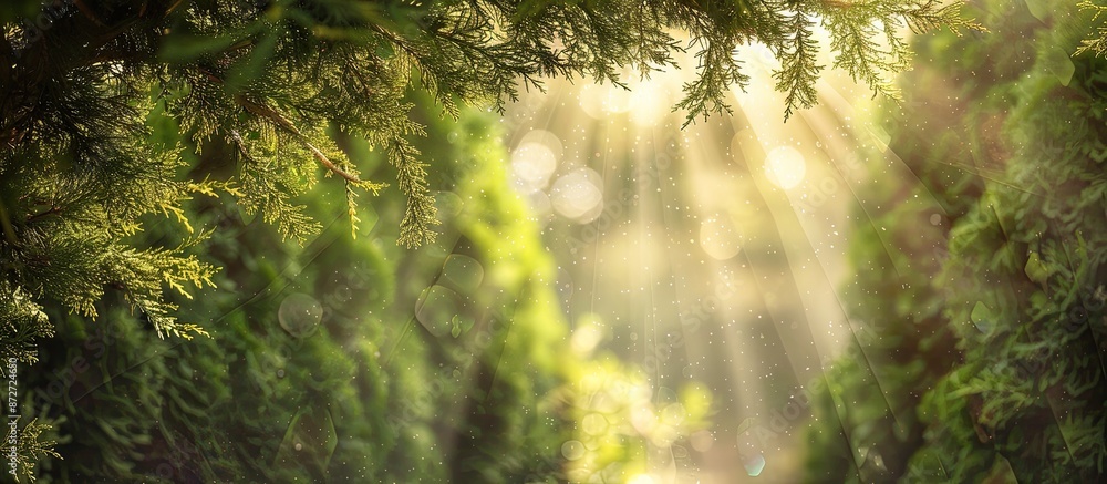 Aufkleber Sunlight filtering through a cypress branch creates a beautiful frame for a copy space image, surrounded by arborvitae and thuja evergreen trees, perfect for a natural theme.