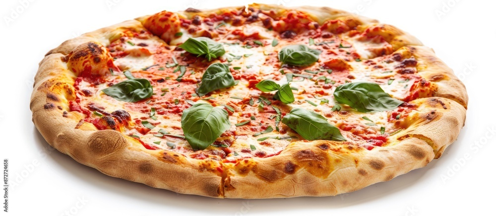 Poster Homemade pizza on a white backdrop with room for text or graphics; appetizing and inviting. copy space available