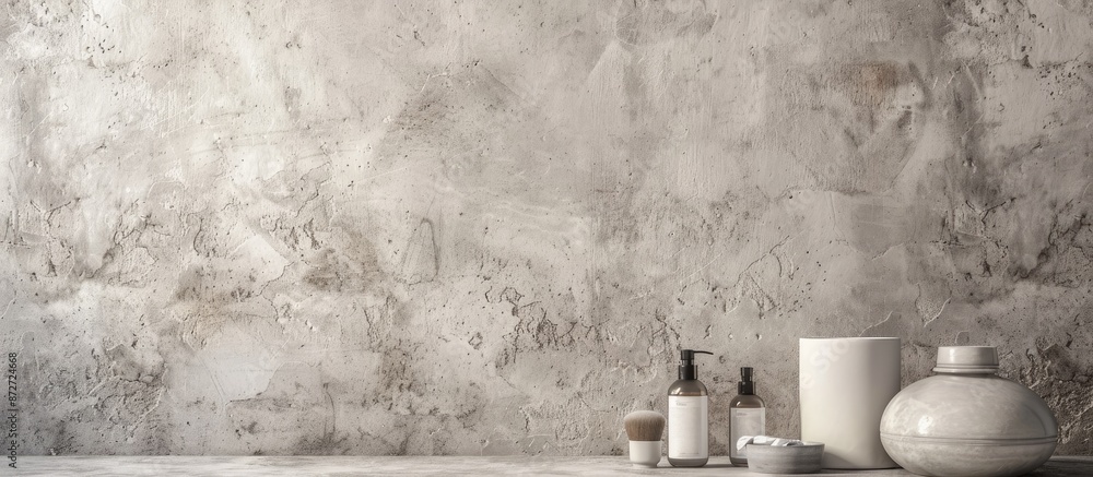Poster utilized as a backdrop for showcasing cosmetic items in online sales with a white and gray textured 