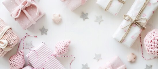 Horizontal flat lay of pink-colored newborn gifts on a white background with selective focus, offering copy space in the image.