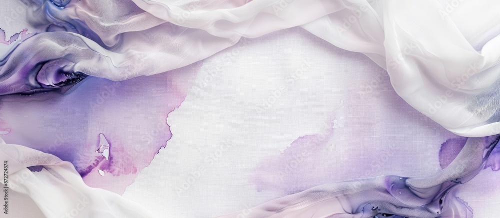 Poster White paper sheet with watercolor frame on white fabric backdrop with violet background and copy space image.