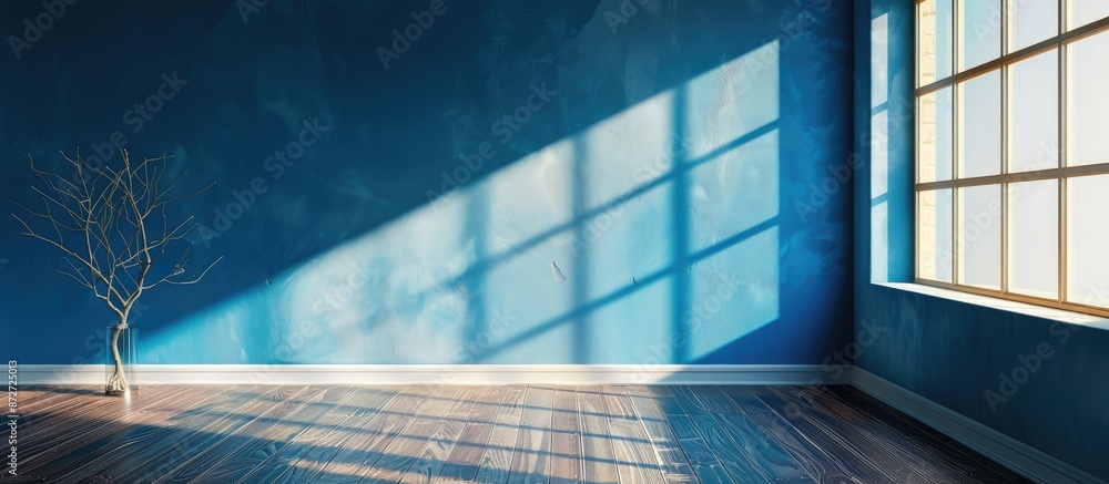 Poster spacious room with blue wall showing a vast, open area for various uses, with abundant copy space im