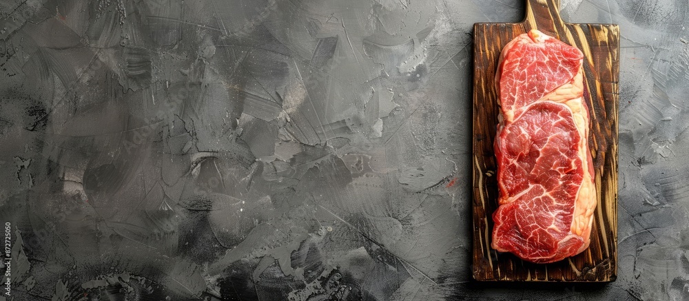Poster Top view image of marbled raw pork steak on a cutting board against a gray backdrop, with room for text or additional elements.