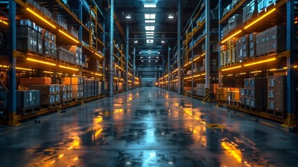 Fototapeta premium Warehouse with bright lights and organized shelves - Generative AI